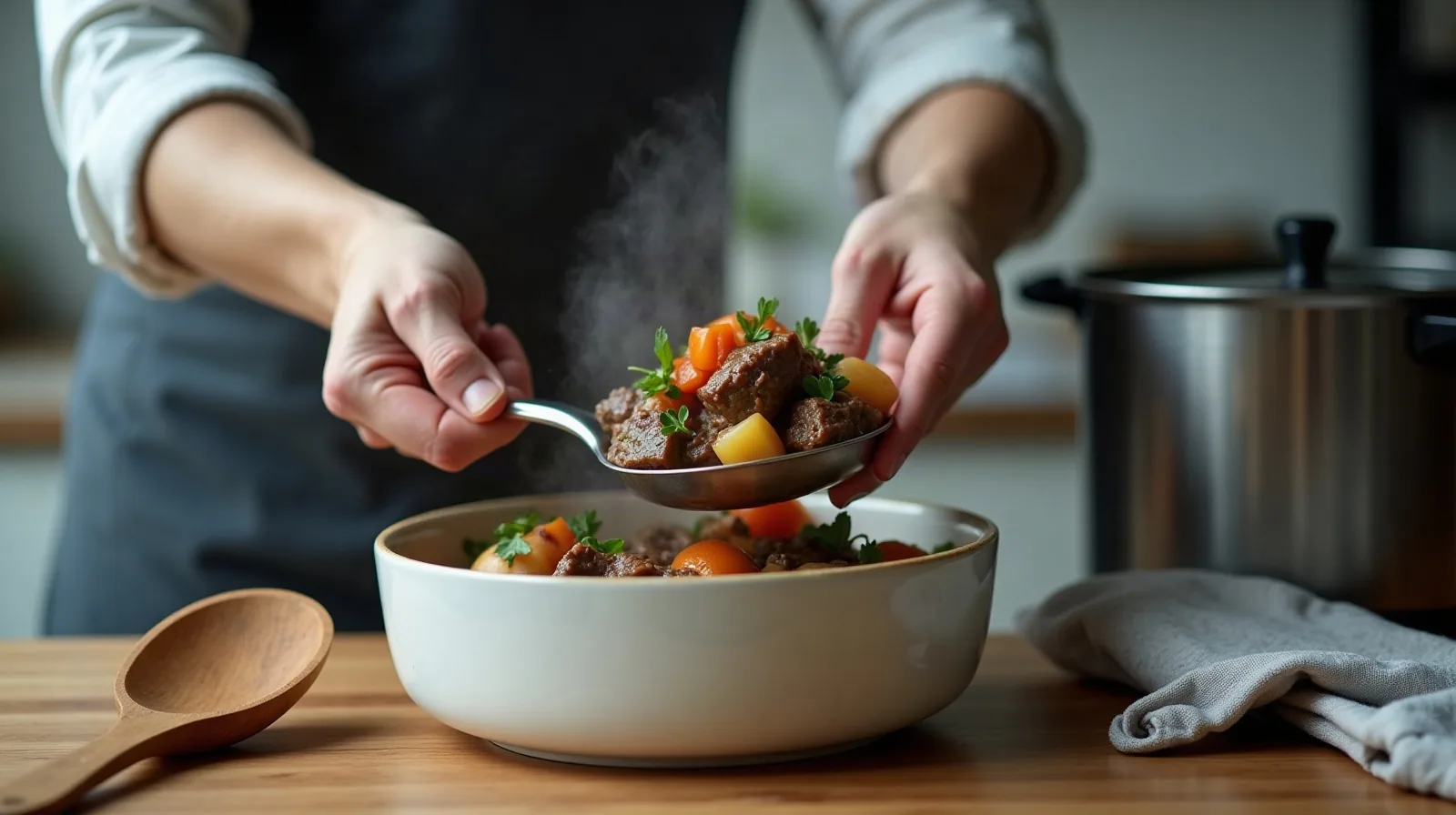 Hands ladling a thick beef and vegetable stew from a pressure cooker's steel insert into a white bowl on a kitchen counter, steam rising, the lid and rubber sealing ring set aside, a wooden spoon and folded oven mitt nearby