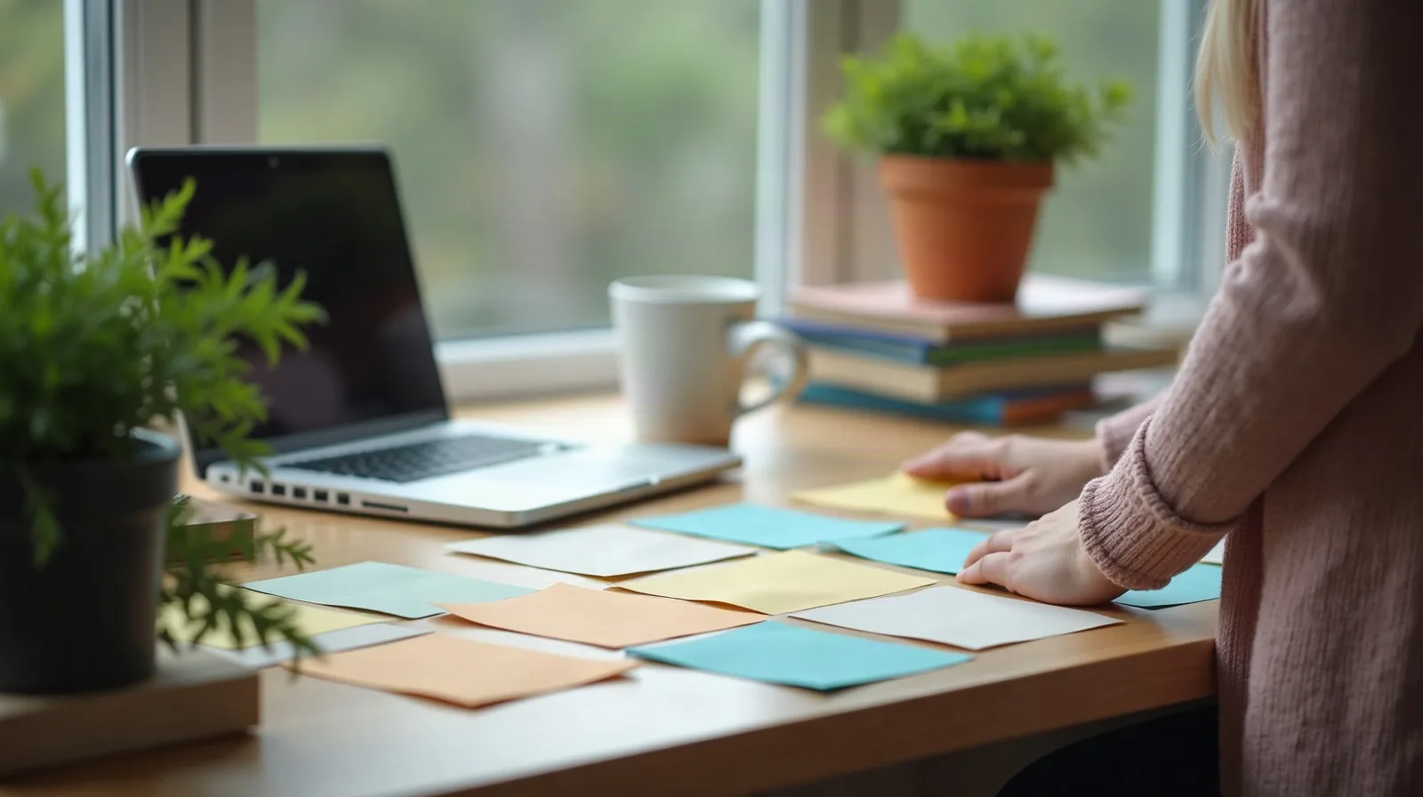 A person seen mostly from behind at a home desk near a window, arranging small blank colored paper cards into a row of blocks across the desktop, with an open laptop, a mug, and a potted plant on the sill nearby