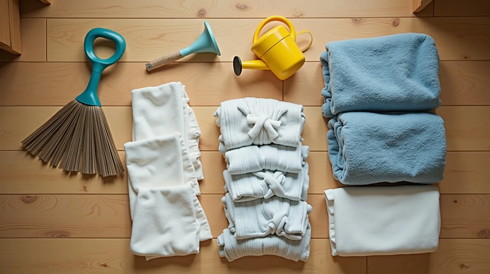 Overhead view of a kid-size broom, lumpy folded towels, half-matched socks, a small watering can and a pet food scoop on a wooden floor