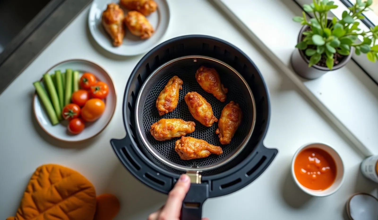 A hand pulling a mesh air fryer basket partway out of the machine on a kitchen counter, golden roasted vegetable wedges and a few crispy chicken wings arranged with visible gaps between them, a small dish of dipping sauce and a folded oven mitt nearby, a window over the sink in the background