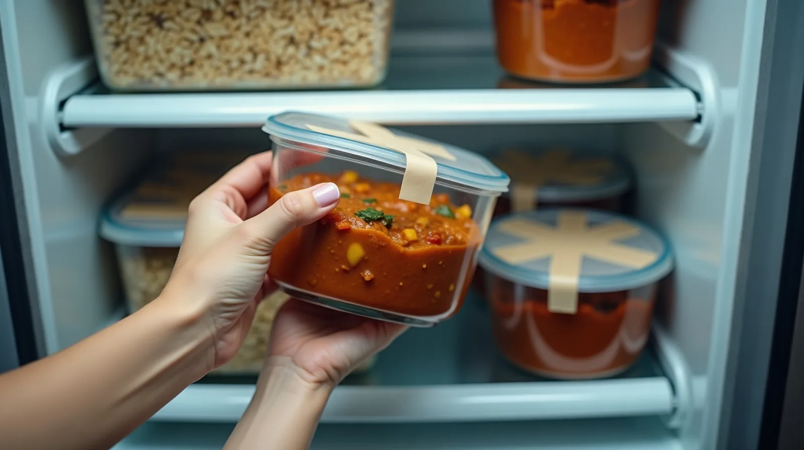 Hands placing a wide, low glass container of stew onto a fridge shelf stacked with containers of rice and roasted vegetables, each lid marked with a blank strip of tape.
