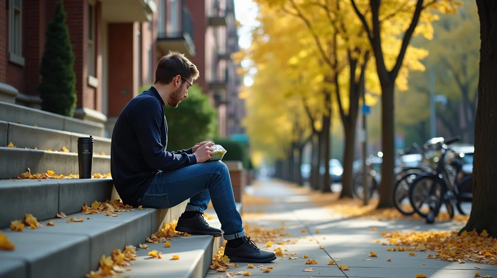 A person seen from behind and slightly below, sitting on sunlit apartment building steps at midday with a lunch container and a travel mug beside them, bare arms warmed by strong sun, fallen yellow leaves scattered on the concrete steps and a row of bare-trunked street trees beyond