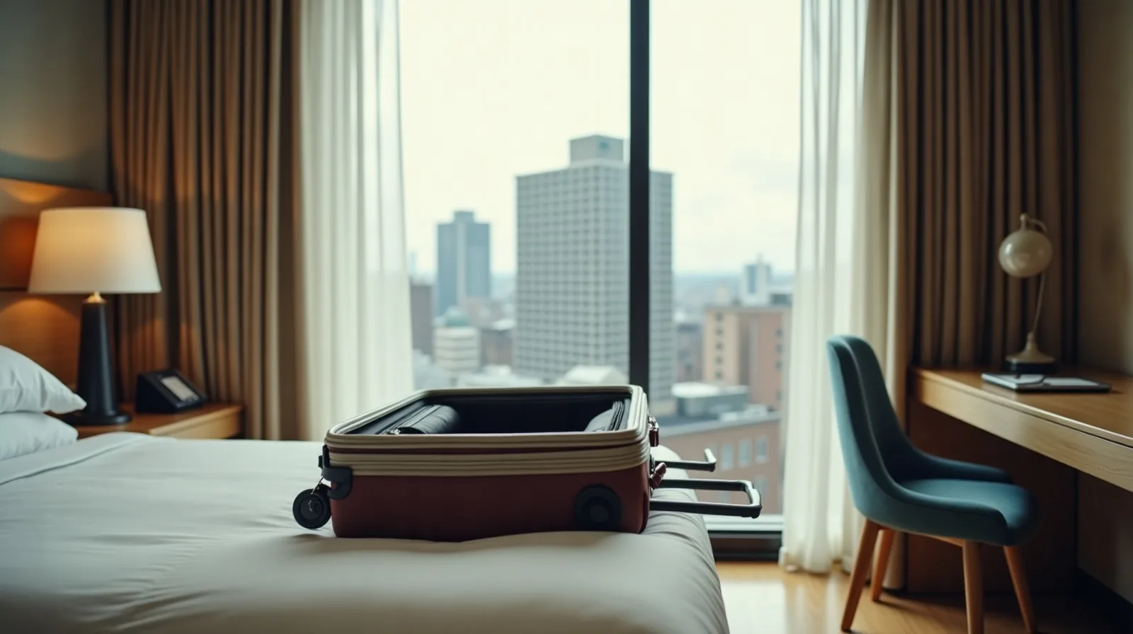A compact hotel room with an open suitcase on a luggage rack, a keycard and phone on the nightstand, and city rooftops visible through the window