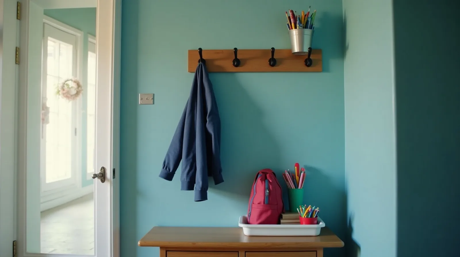 A home entryway with coat hooks, a small shelf of school supplies, and a paper tray on a console table by the front door