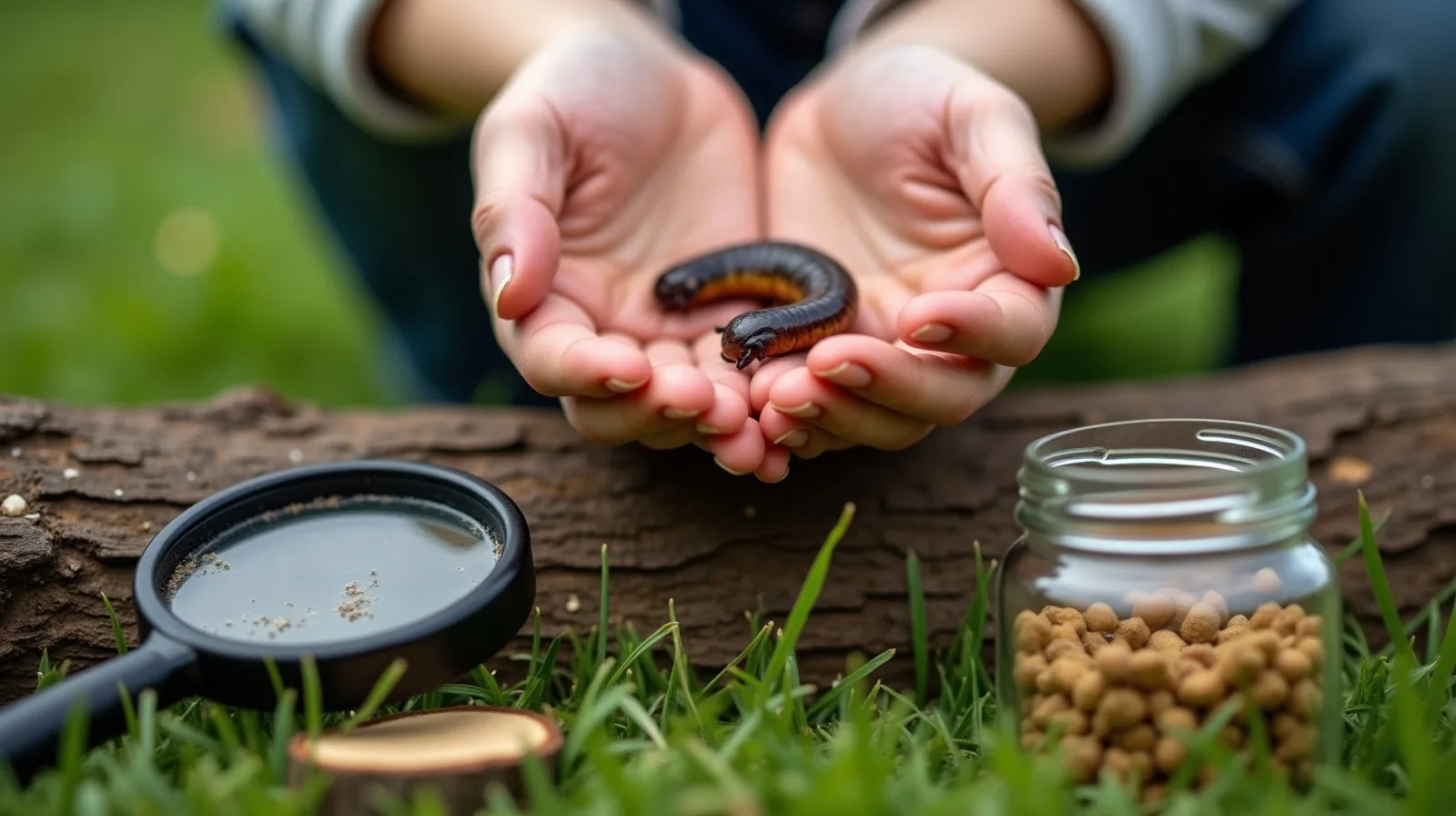 A child's cupped hands holding a small woodlouse over a bark-covered log, with a plastic magnifying glass and a jar of grass clippings resting on the grass alongside