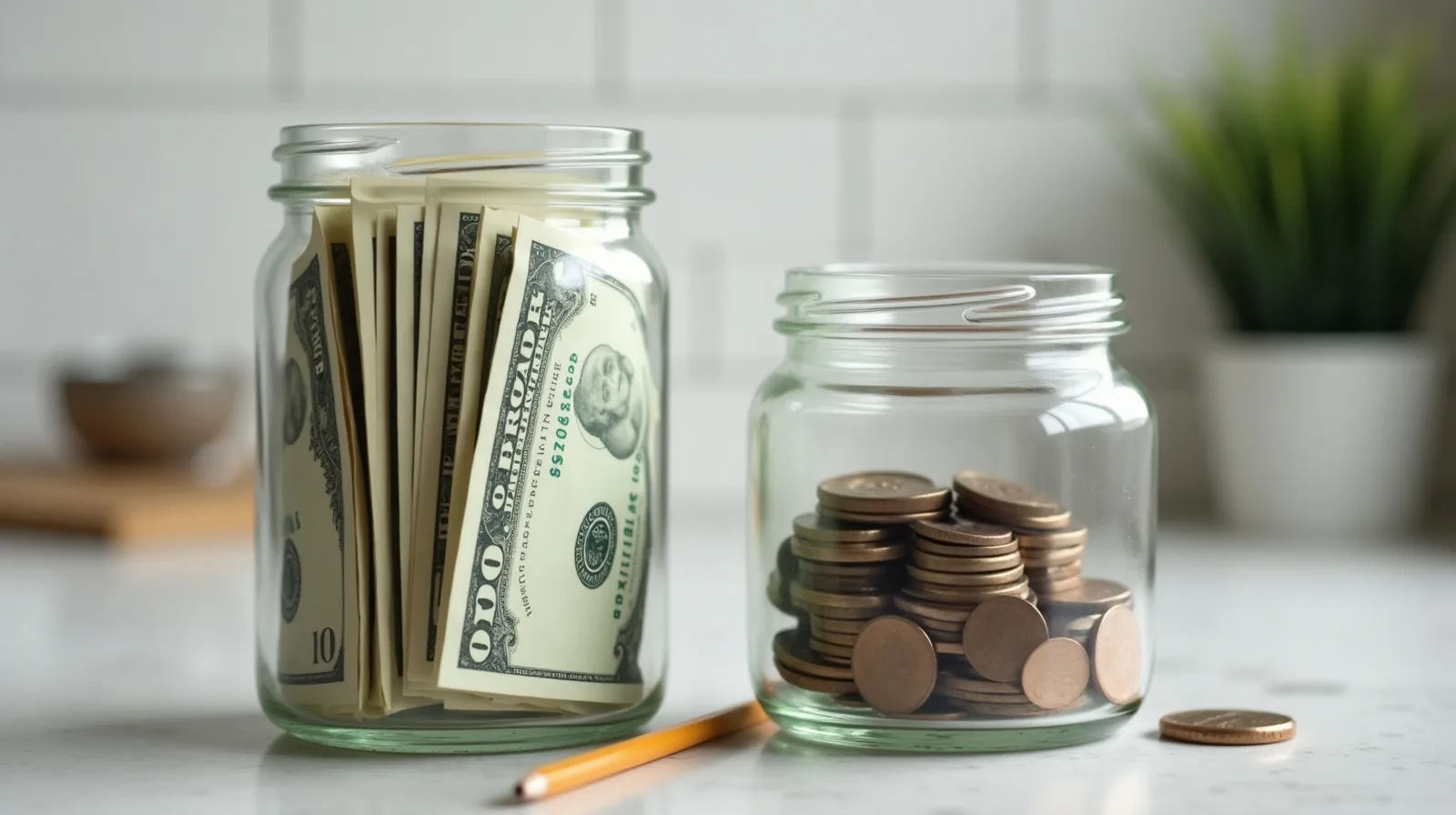 Two glass jars on a kitchen shelf, one full of folded bills and coins and one nearly empty, with stray coins beside them