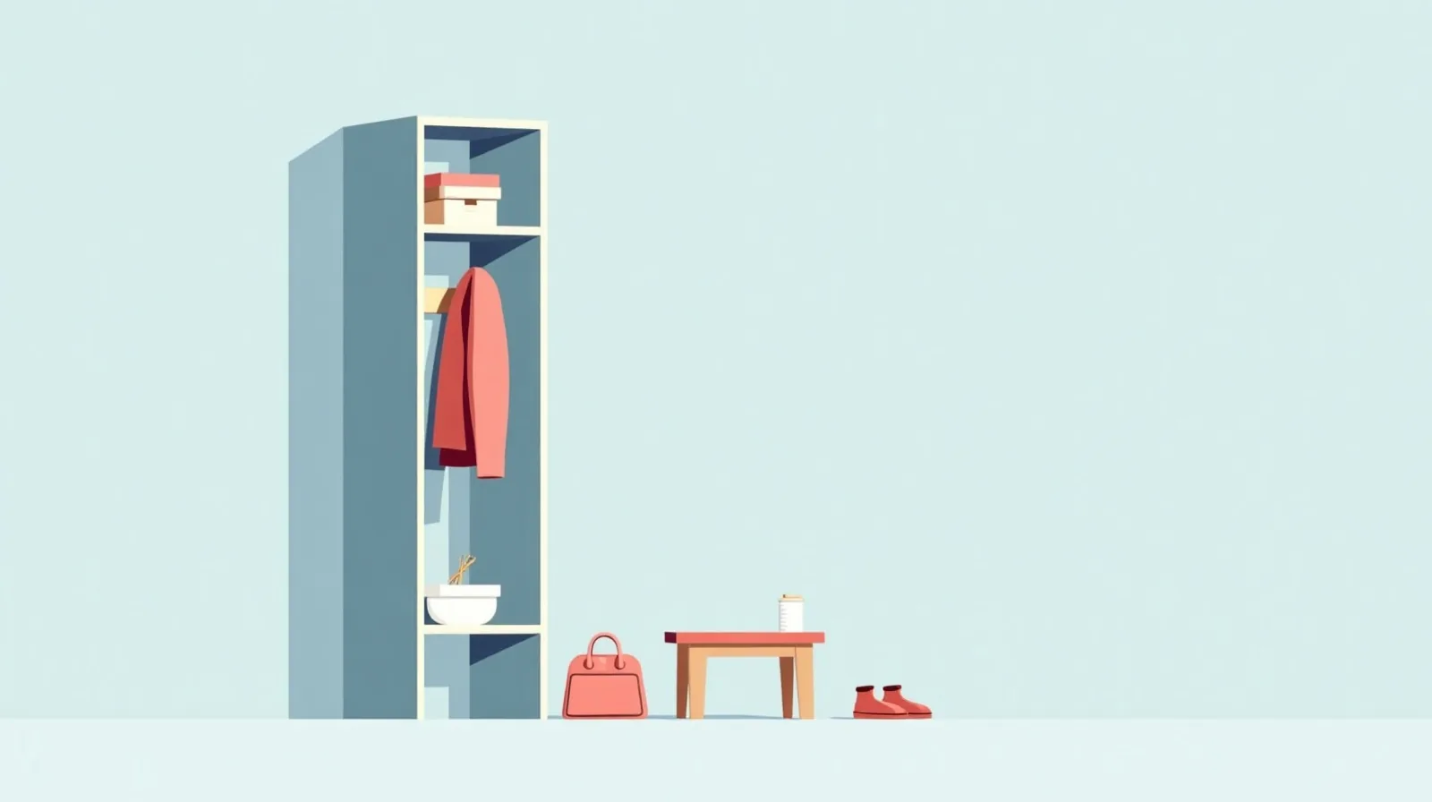 A flat illustration of a shelf and coat hook lowered to child height, with an open cup and small shoes waiting beside a step stool