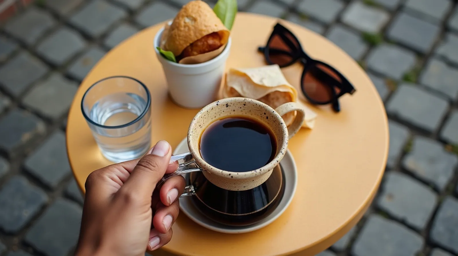 A hand holding a speckled mug of black coffee on a small round outdoor cafe table, beside a glass of water, a wrapped sandwich in a paper cup and a pair of sunglasses, with cobblestones below