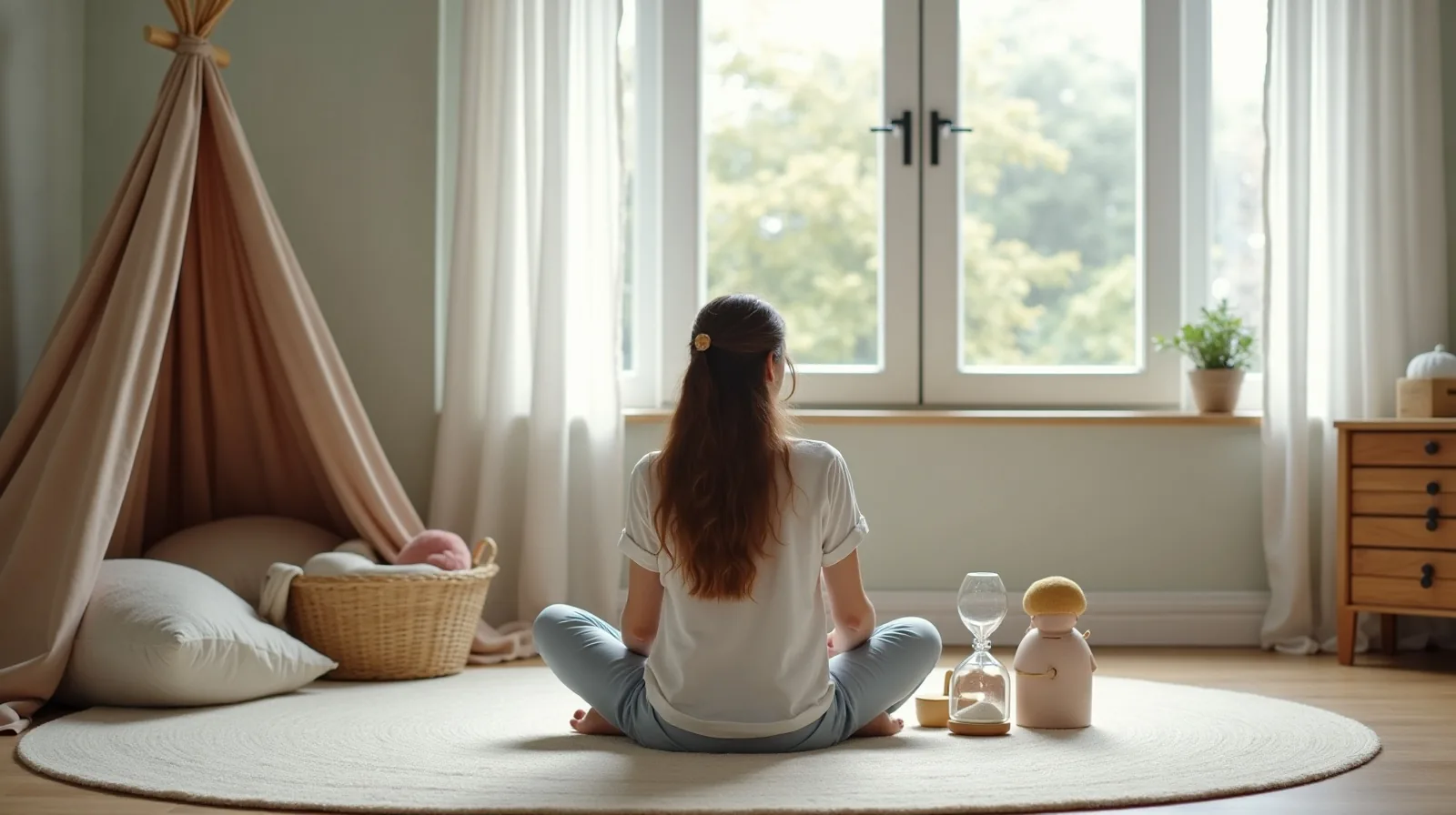 An adult seen from behind sitting cross-legged on a playroom floor beside a sheet-draped corner nook, holding a small cushion near a basket of soft toys