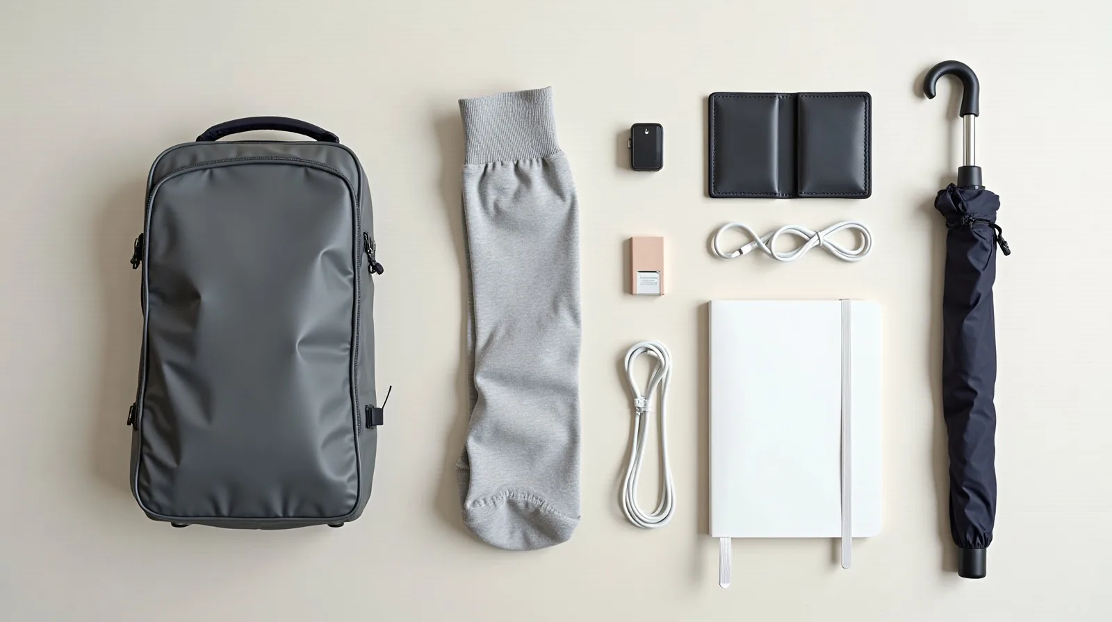 An overhead view on a pale table of a folded rain shell, a plain passport wallet, rolled socks, a compact umbrella, a coiled charging cable, and a closed pocket notebook.