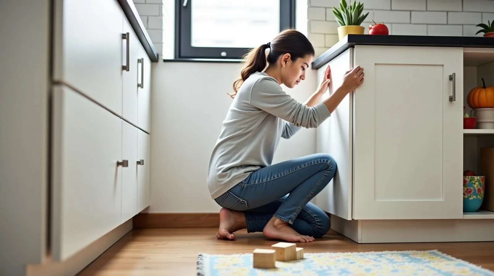 An adult seen shoulders-down kneeling in a bright kitchen, testing a latch on a low cabinet door, with an anchored bookshelf, outlet covers and a play mat visible nearby