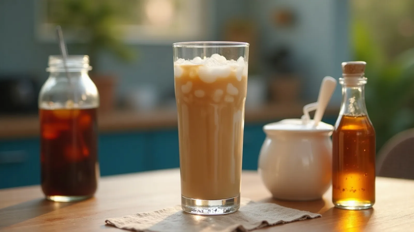 A tall iced latte with cold foam on a kitchen table beside a jar of cold-brew concentrate, a bottle of syrup and a handheld milk frother