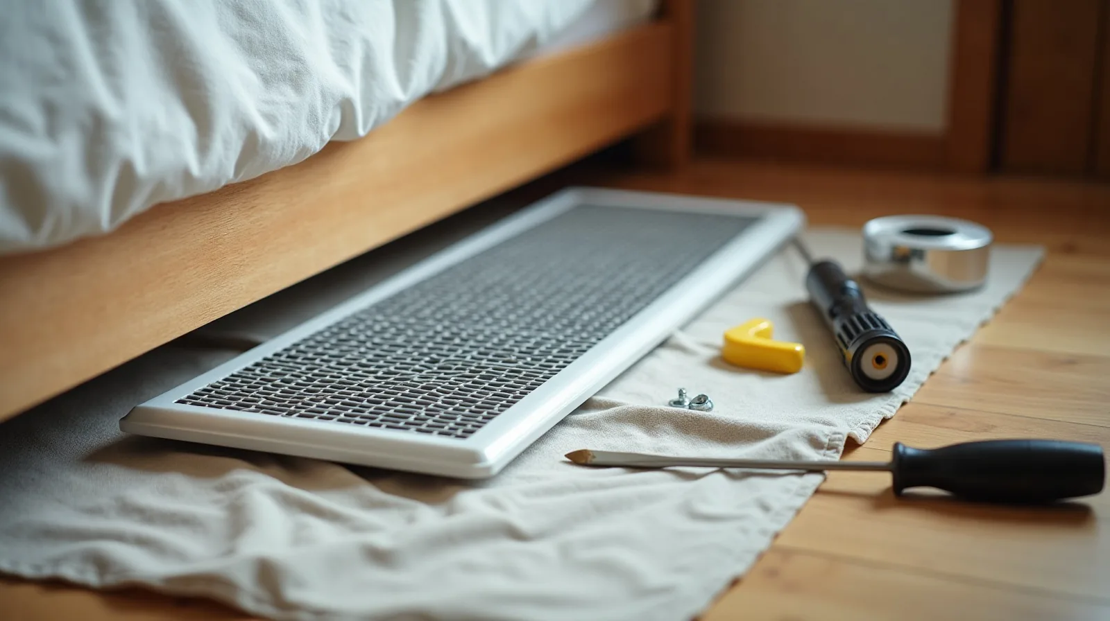 A floor register lifted out of a bedroom floor and set on a drop cloth beside a screwdriver, a roll of foil tape, a flashlight and a dusty vent cover
