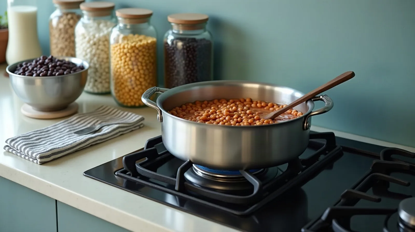A stainless steel pot of beans simmering on a black gas stove with a wooden spoon across the rim, a metal bowl of black beans and tall glass jars of dried beans on a light counter, a folded striped dish towel beside the stove