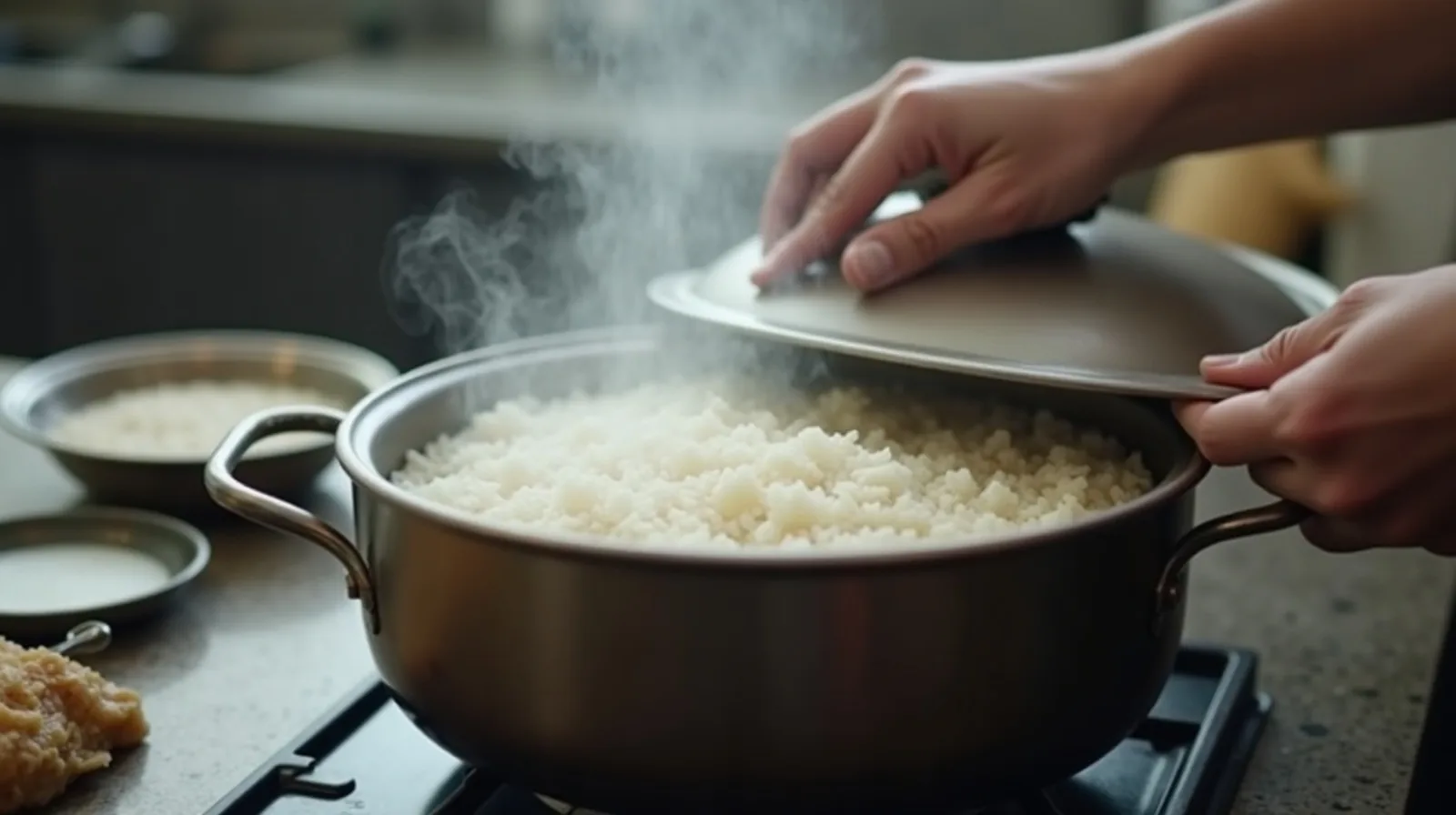 Hands lifting a lid off a pot of cooked white rice on a stove, next to a sieve of rinsed grains and a bowl of cloudy rinse water.