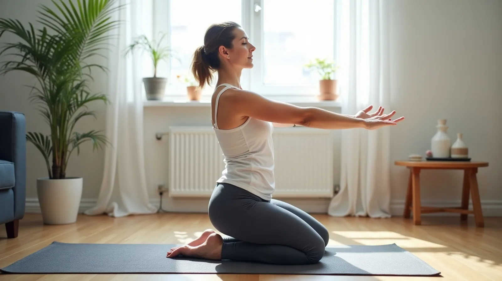A person kneeling on a yoga mat in a living room with arms extended forward in a controlled core exercise, seen in profile