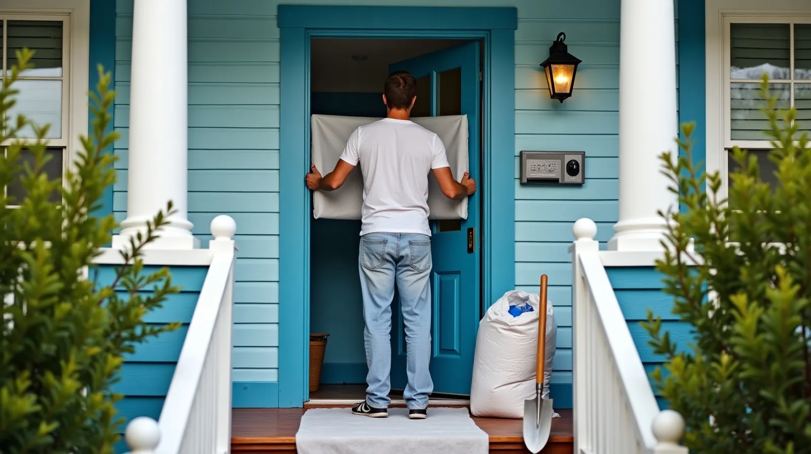 A person in work clothes seen from behind rolling paint onto an open front door, with a drop cloth, a paint tray and a bag of mulch on the porch steps