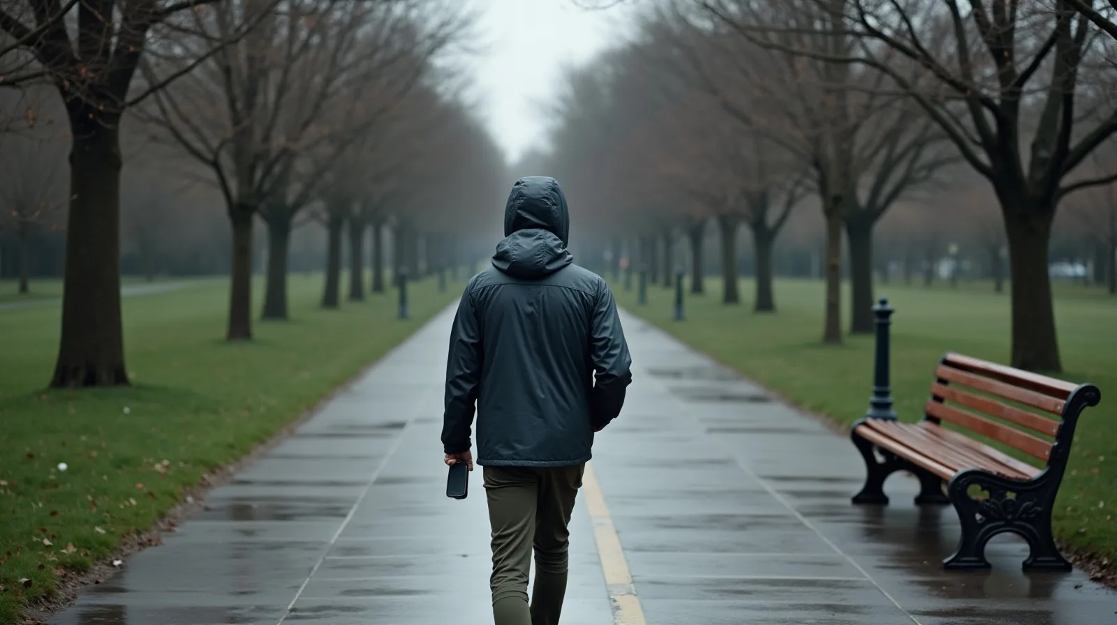 A person in a rain jacket walking away along a wet paved path through a city park, passing a bench and a line of bare trees, phone held loosely in one hand