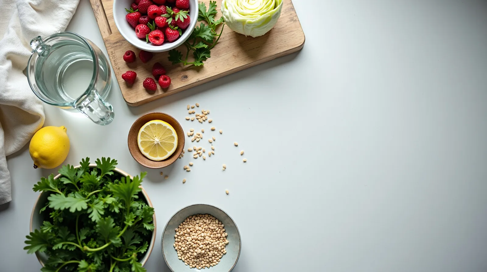 A worn kitchen counter holding a glass pitcher of water, a halved cabbage, a bowl of berries, a bunch of leafy greens, a lemon wedge and a small pile of whole grains