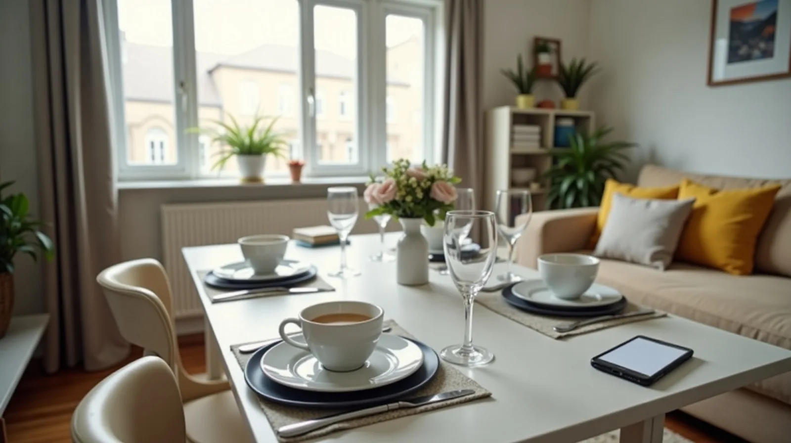 A small apartment living and dining room with a set table, a phone charging on a shelf by the doorway, and an open book on the sofa.