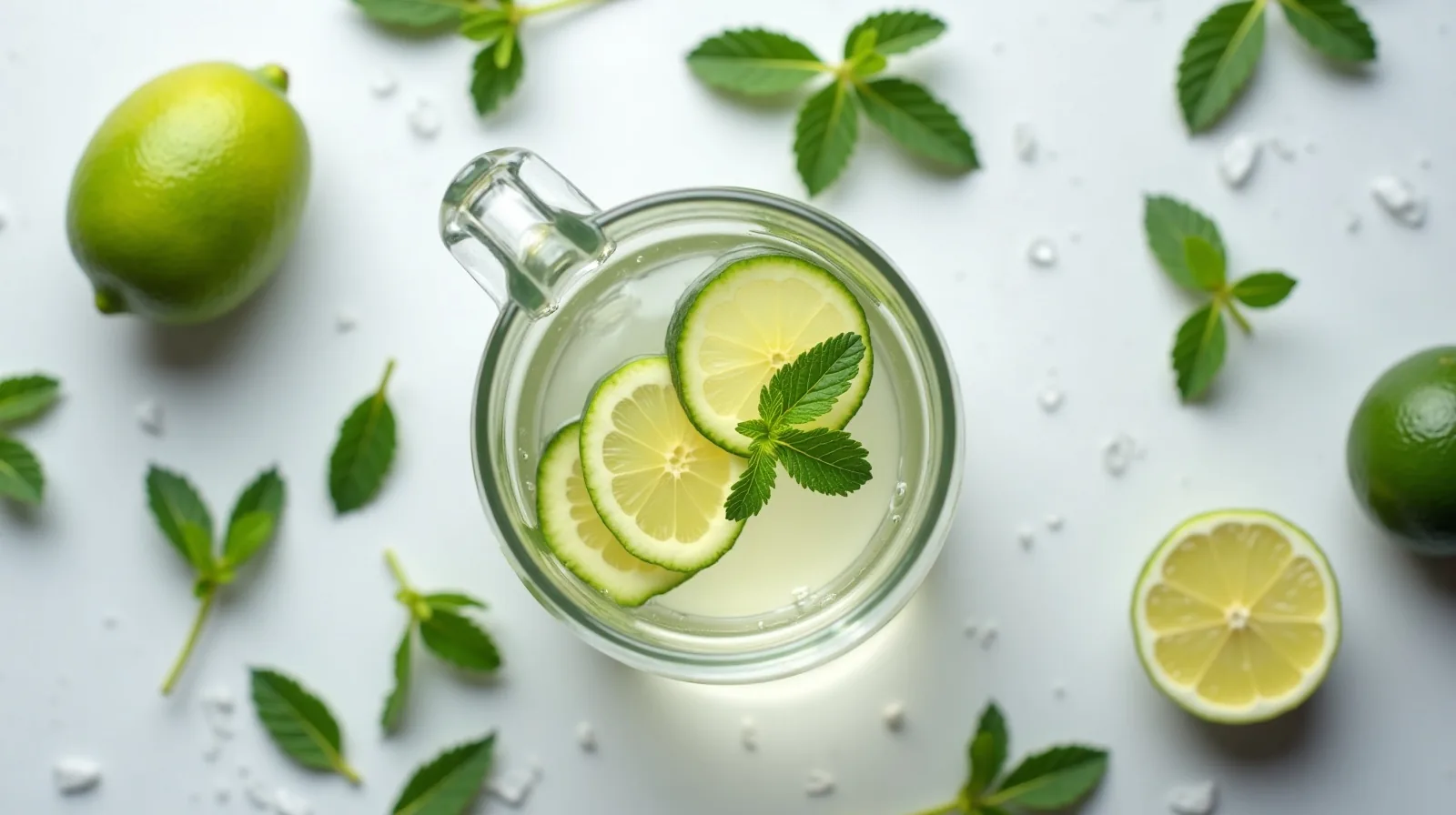 A jug of lemon and cucumber water with a filled glass, mint sprigs, and a halved lime on a kitchen counter