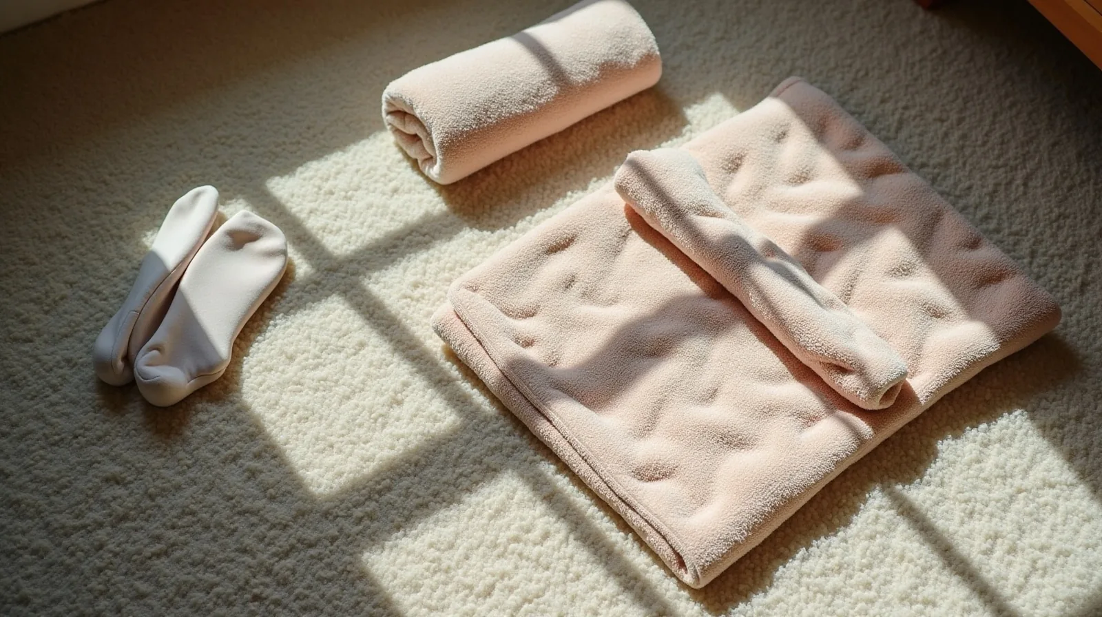 A folded blanket, small cushion, rolled towel, and thick socks arranged on a bedroom carpet for gentle floor stretches