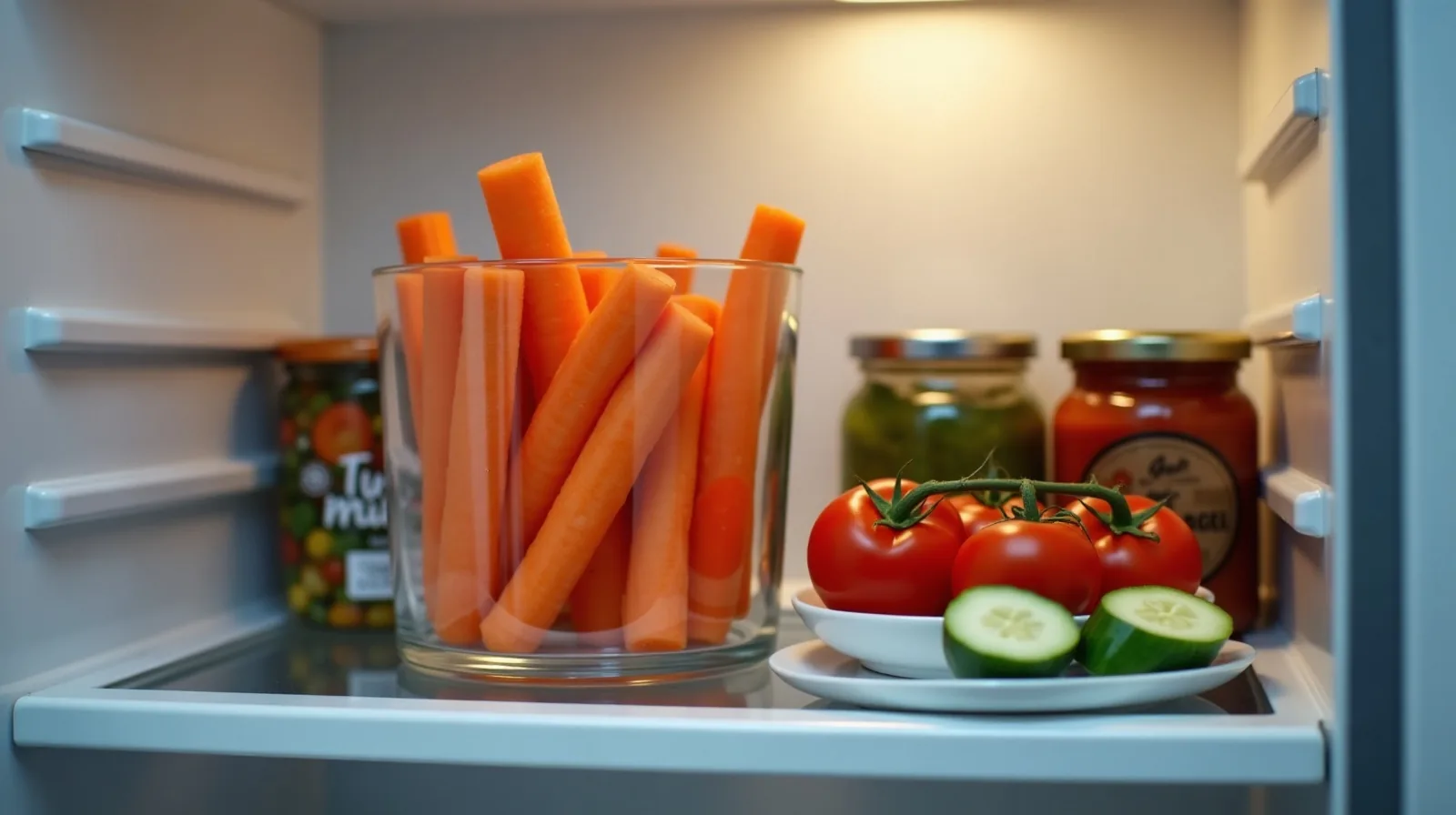 An open refrigerator shelf with washed carrot sticks in a glass container, a bowl of cherry tomatoes and halved cucumbers on a plate at the front