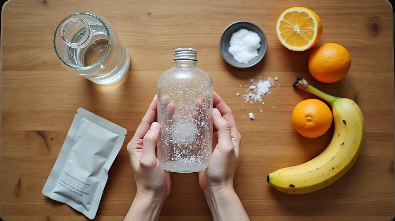 A pair of hands arranging hydration items on a wood kitchen counter seen directly from above: a glass water bottle with the cap off, a torn-open electrolyte powder packet with a light dusting of powder beside it, a halved orange, a ripe banana, and a small ceramic dish holding a pinch of salt