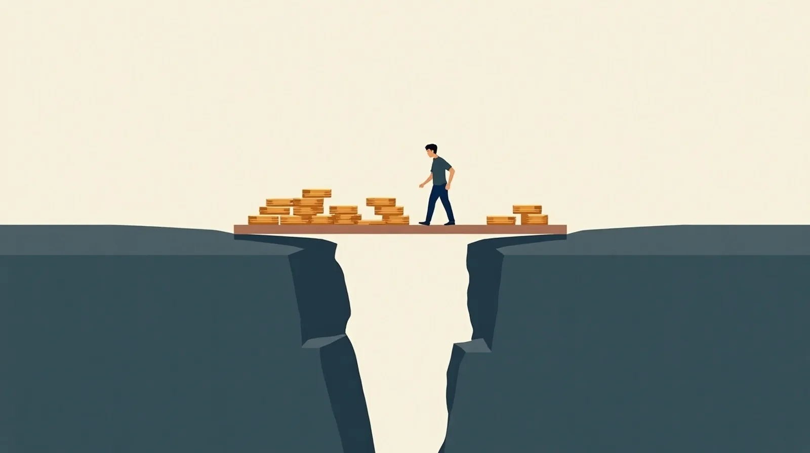 Flat illustration of a small stack of coins supporting a plank bridge over a crack in a path while a tiny figure crosses.