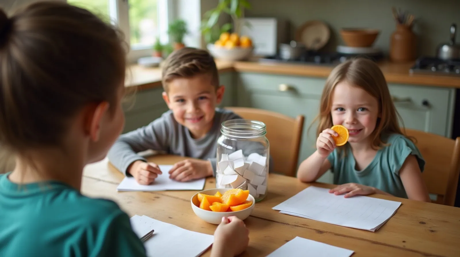 A parent's shoulder and the back of their head in the foreground, facing two kids across a wooden kitchen table with a small glass jar of folded paper slips, a shared bowl of orange segments and a short stack of blank index cards between them