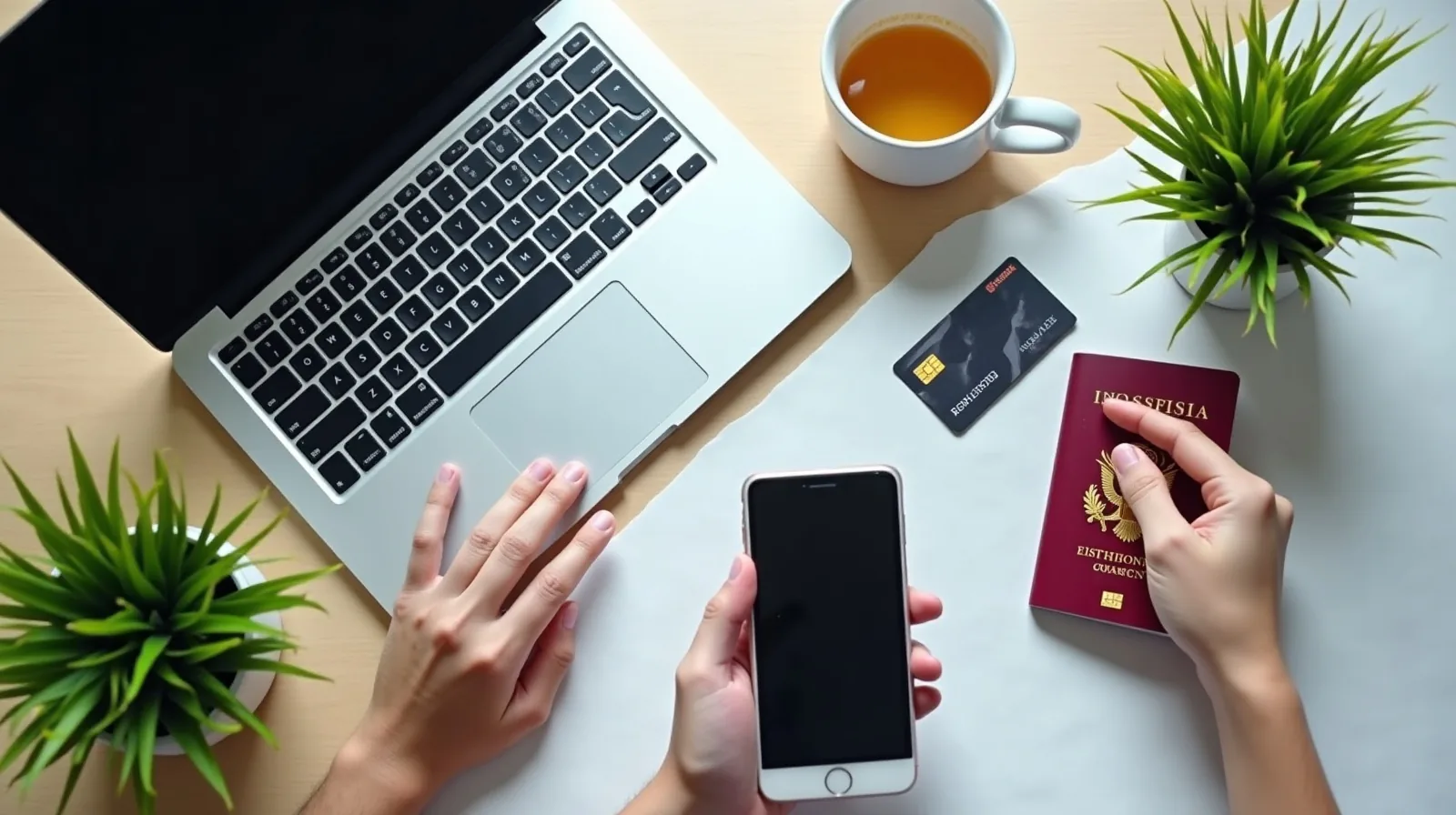 Overhead view of a desk with a passport, bank card, phone and mug of tea beside an open laptop