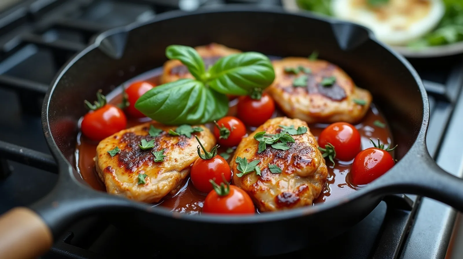 A cast-iron skillet of seared chicken thighs and blistered cherry tomatoes topped with torn basil on a stovetop