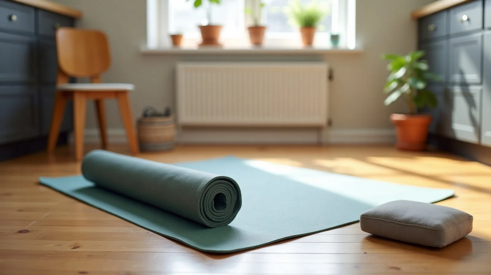 An exercise mat on a wooden floor beside a chair, with a cushion at one end