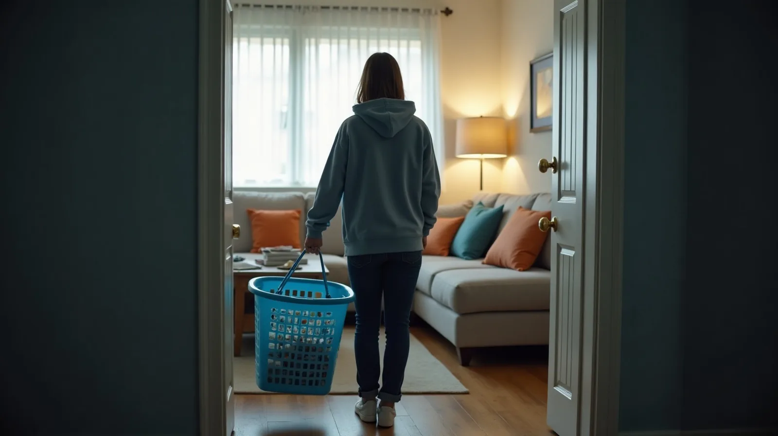 A person seen from behind carrying a laundry basket through a living room doorway, gathering mail and a hoodie from the coffee table.