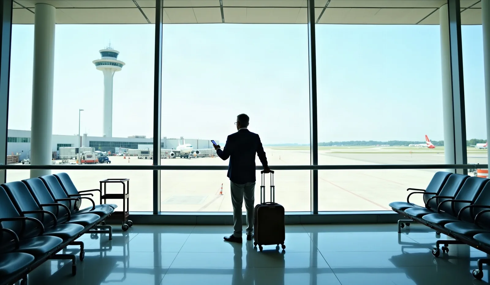 A traveler seen from behind standing at a tall glass wall in a wide airport concourse, a phone in one hand and a small wheeled carry-on beside them, rows of empty gate seats and an open tarmac with a baggage tractor beyond