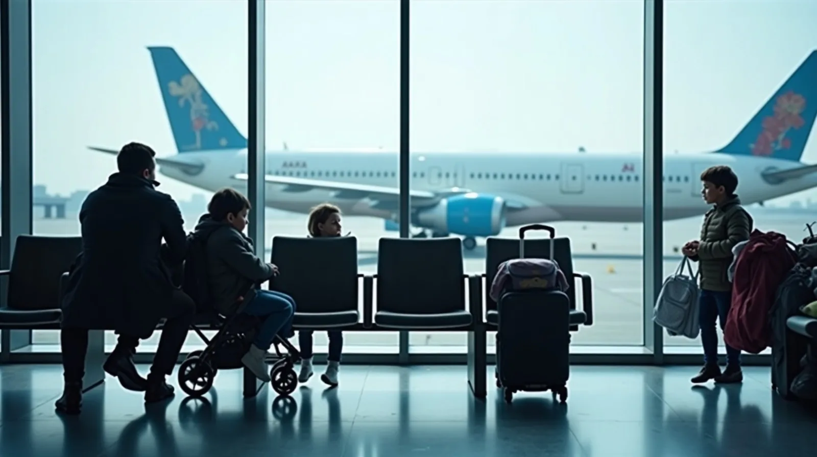 An airport gate seating area with a folded stroller, two kids' backpacks and jackets on the chairs, and a plane at the window behind