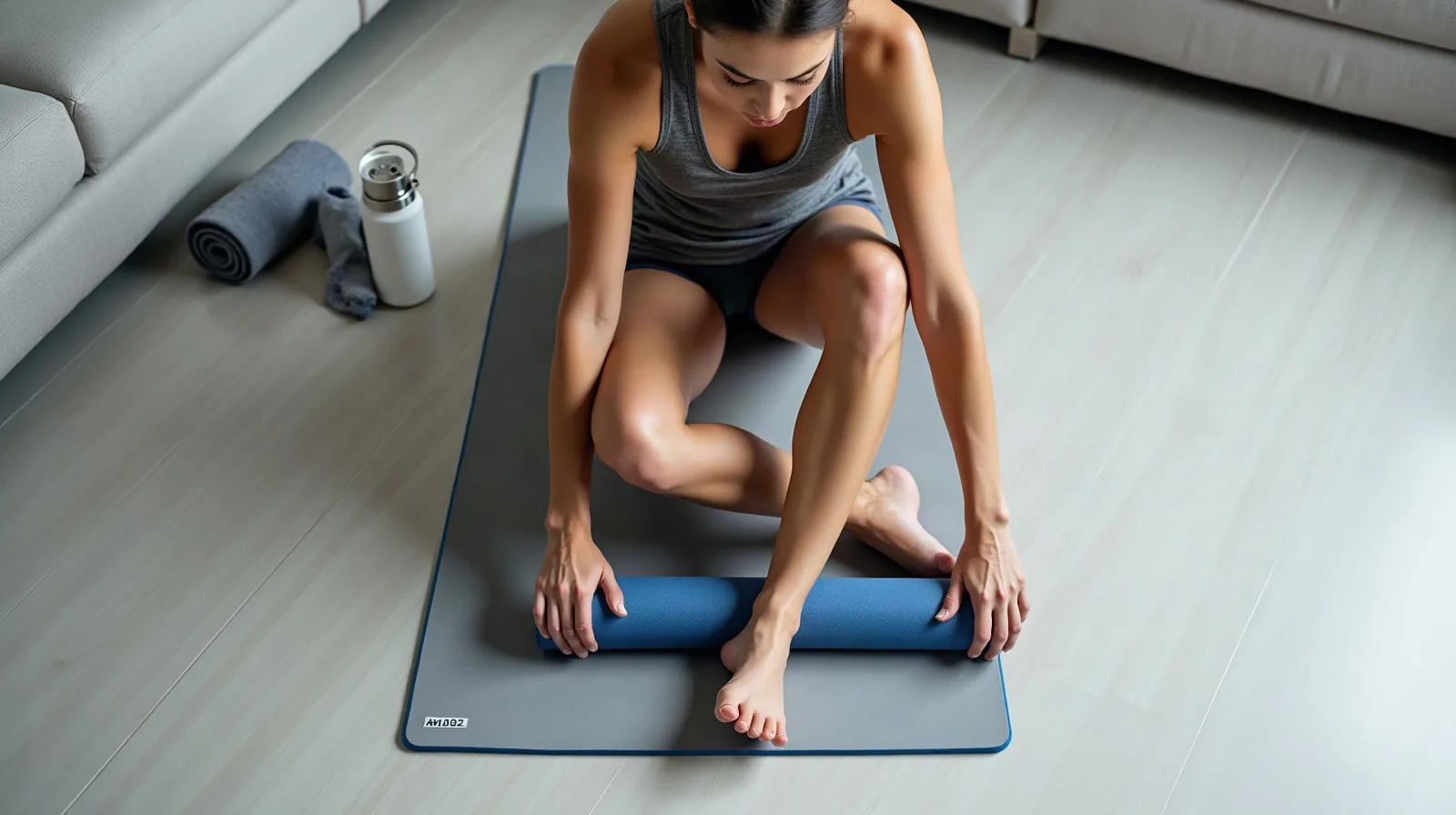 A person lying on an exercise mat using a foam roller beneath one calf, hands braced flat on the floor for balance, a rolled towel and water bottle set to the side, seen from directly above