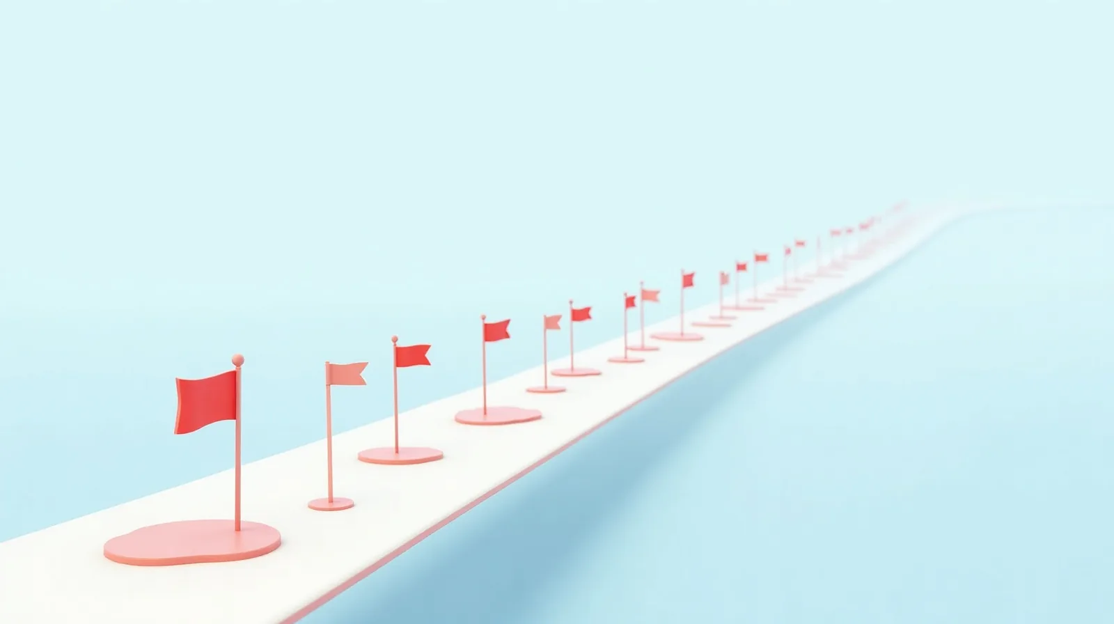 A flat illustration of one upright coral flag standing on a long path while pale blue flags lie toppled behind it and small checkpoint markers repeat ahead