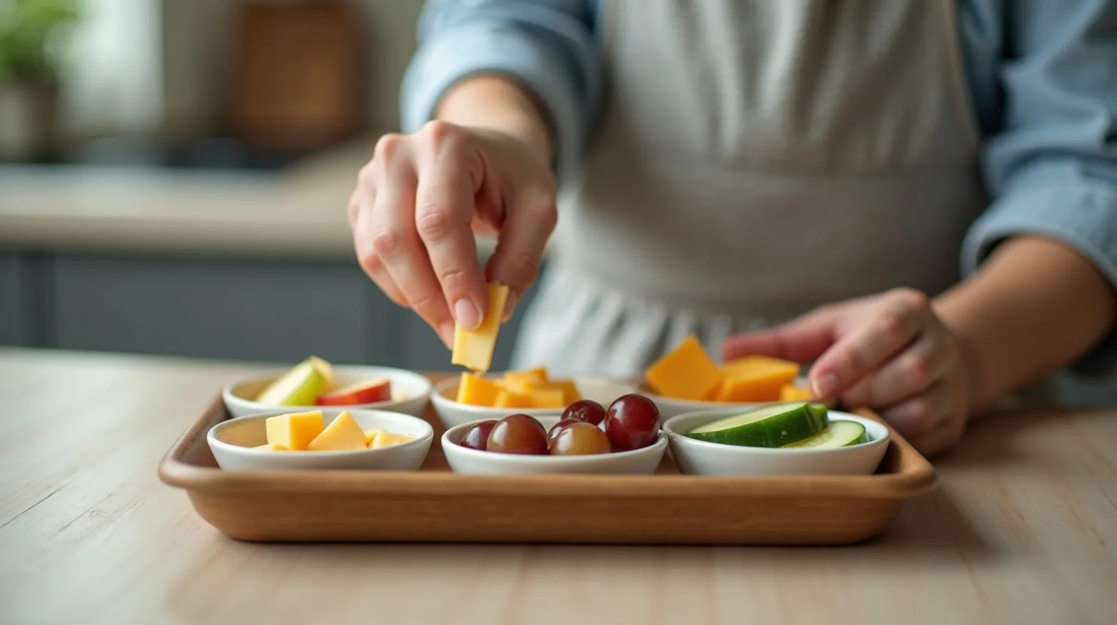 Hands filling a divided snack tray with apple slices, cheese cubes, grapes and cucumber coins on a kitchen counter
