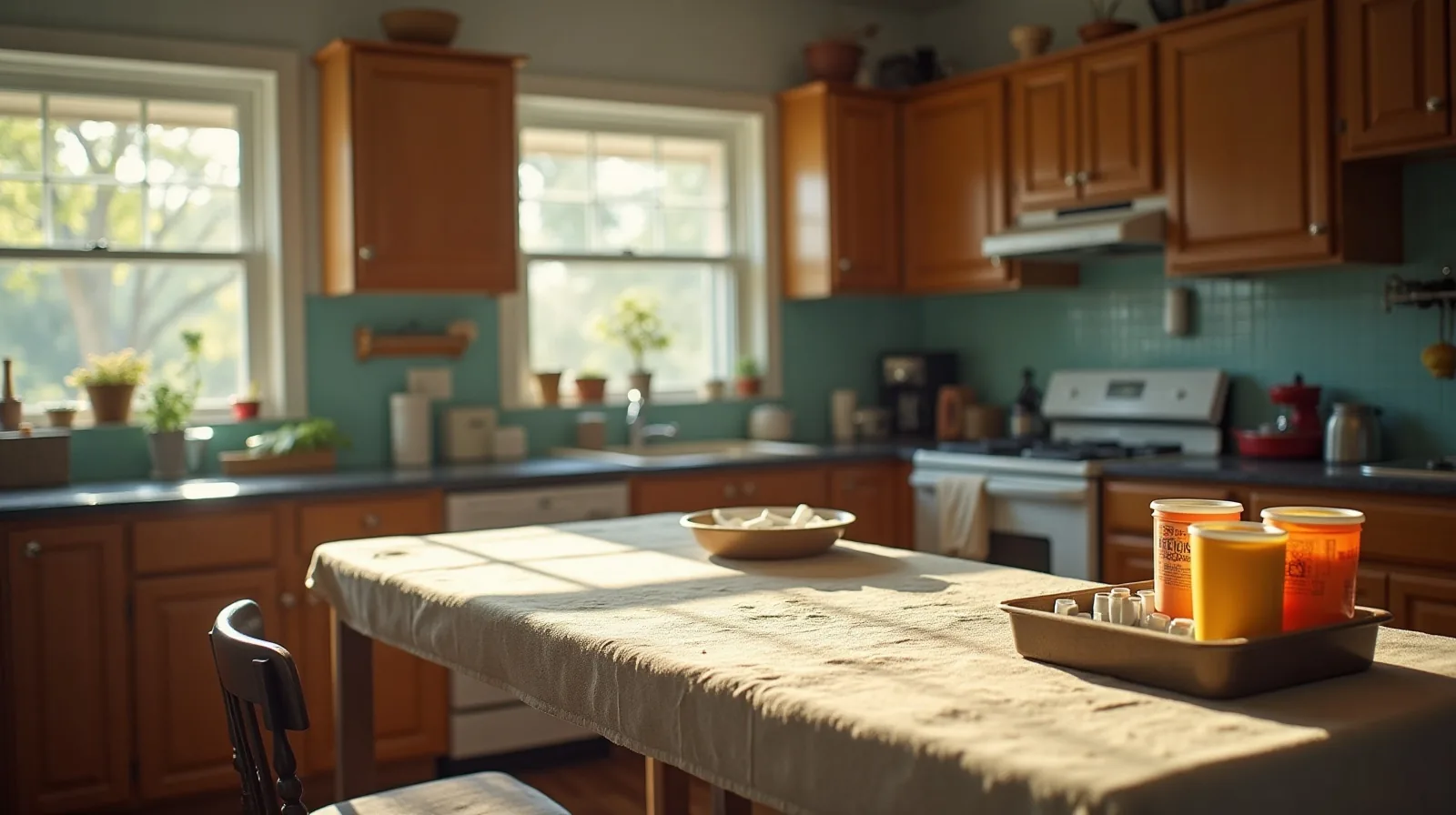 A kitchen table covered with a towel holding a baking tray, cups, vinegar, and baking soda set up for a children's science experiment