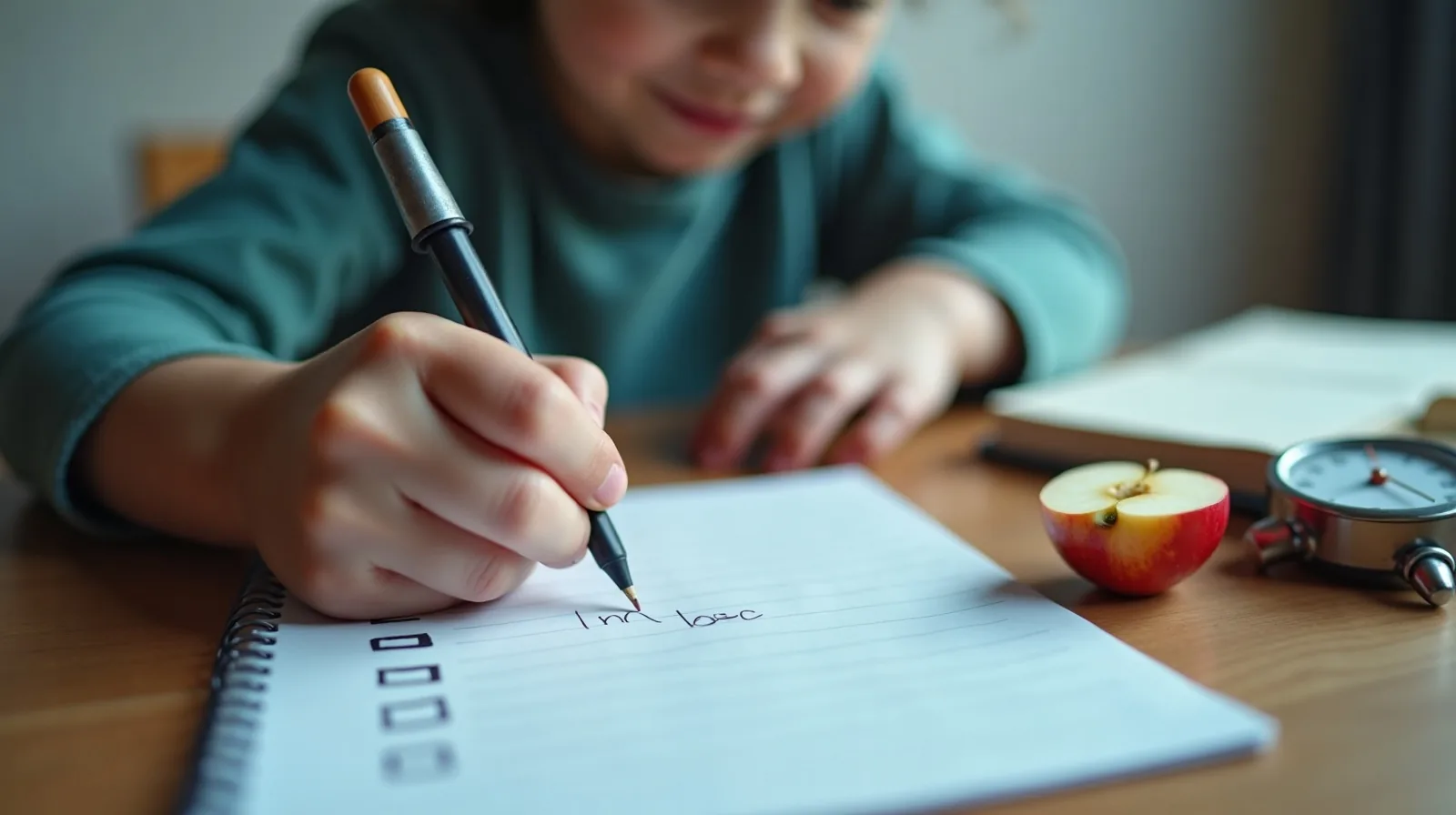 A close view of a child's hands crossing an item off a short paper list at a kitchen table, beside a sharpened pencil, a small timer and a half-eaten apple