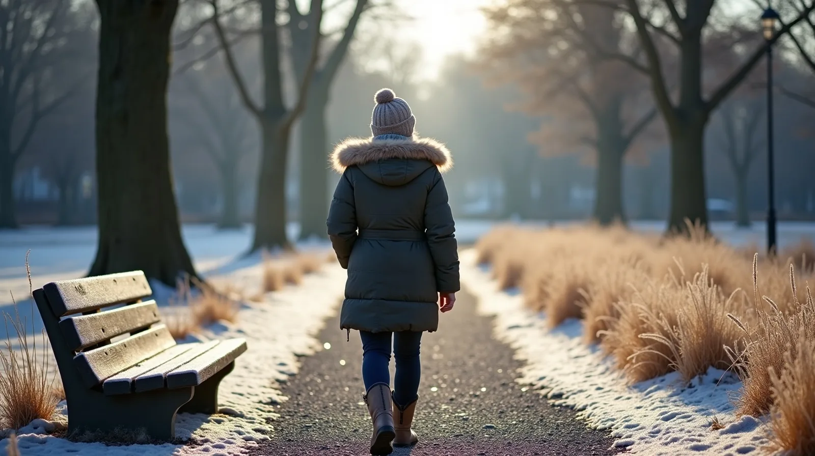 A person in a knit hat and layered jacket walking a gravel path through a frosted park, seen from behind, with bare trees and a frost-covered wooden bench