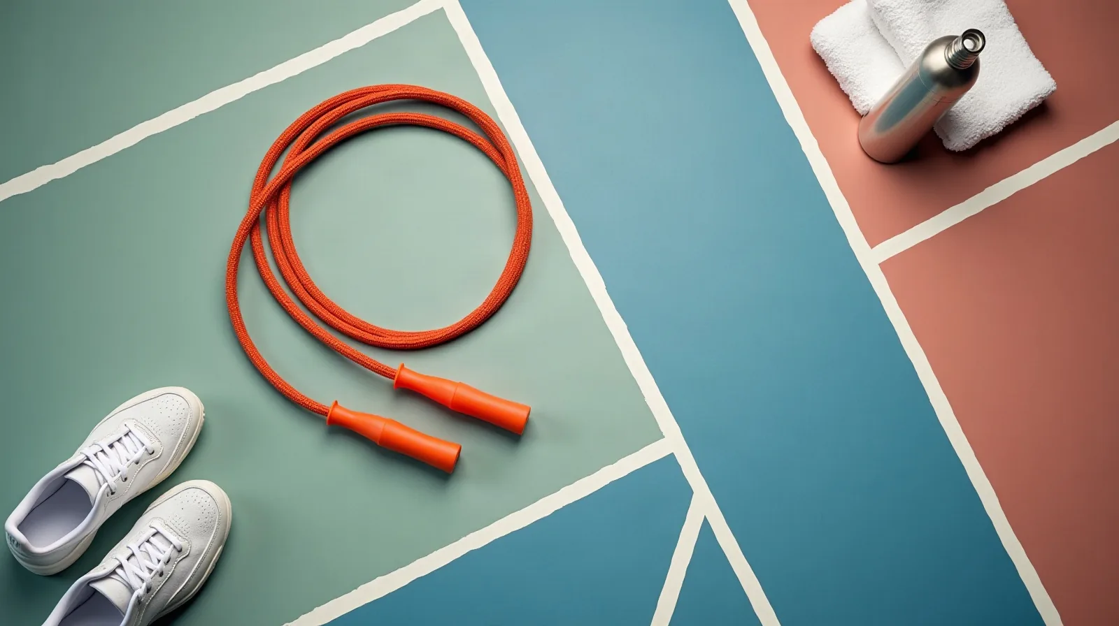 Overhead view of a coiled jump rope with orange handles on a gym floor beside a pair of white training sneakers, a folded towel and a steel water bottle, painted court lines running across the floor