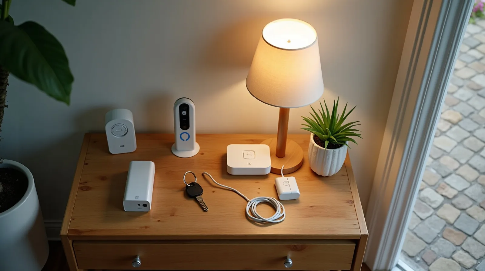 Overhead view of a wooden entry table with a spare house key, two plug-in lamp timers, a video doorbell unit, and a coiled phone charger