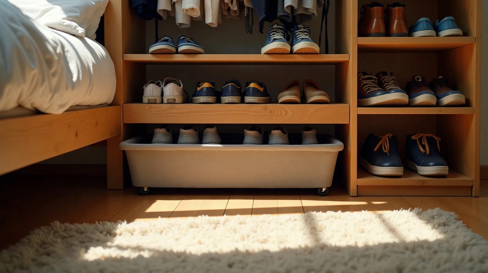 A closet floor with a shelf riser of sandals and an open-front bin of sneakers beside low rolling trays of boots pulled out from under a bed.