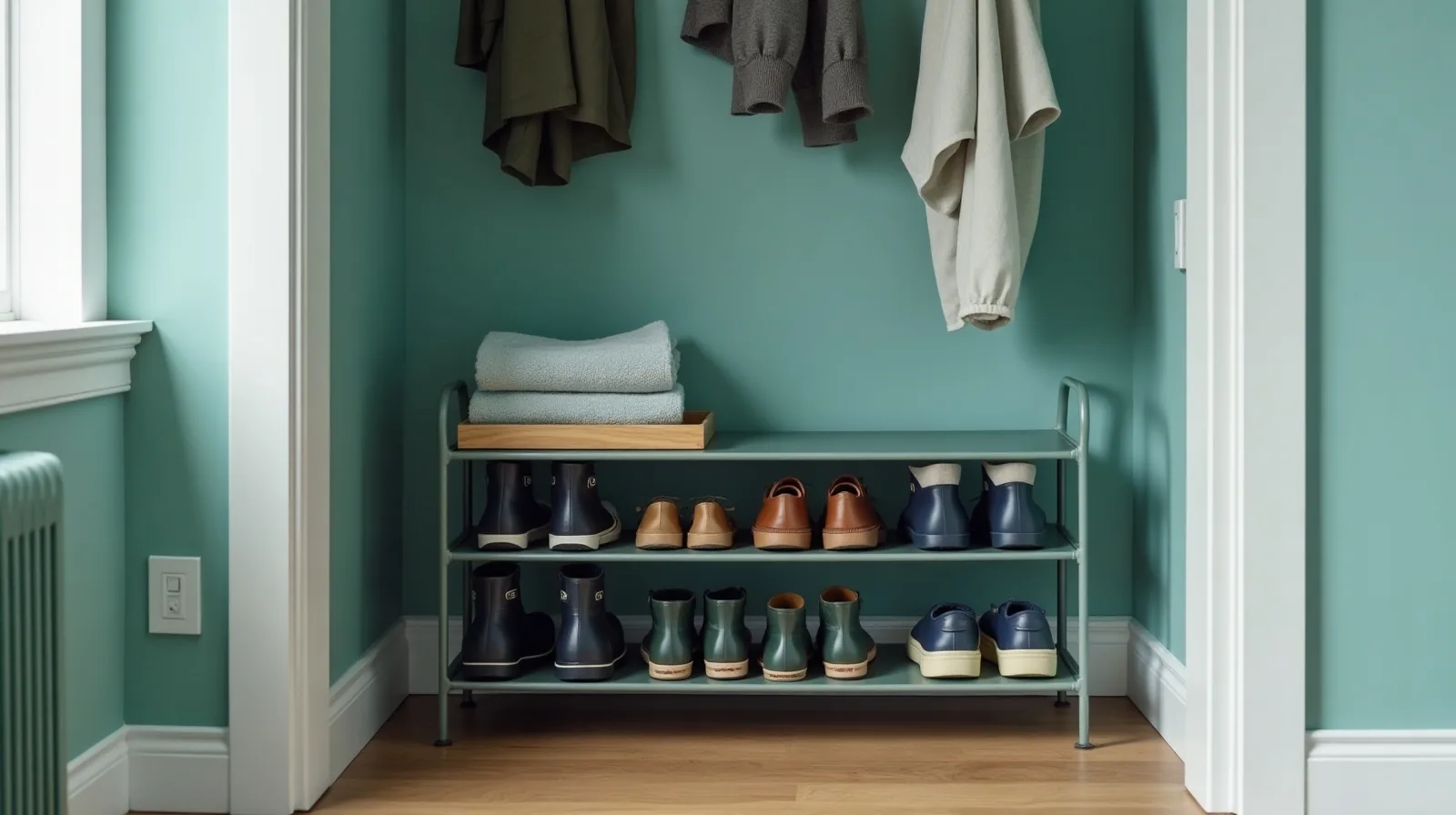 A low two-tier shoe rack by an entry door holding four pairs in a row, with a lipped tray of rain boots and a folded towel beside it.