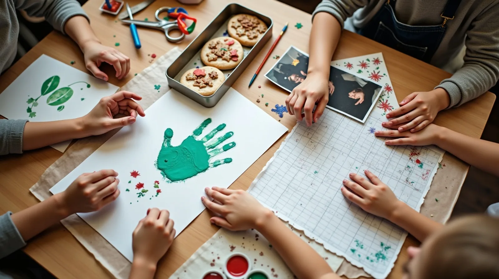 A kitchen table covered with homemade gifts in progress: a painted handprint drying on card stock, printed photos, a hand-drawn calendar grid, a tin of cookies, and small paint-smeared fingers reaching in