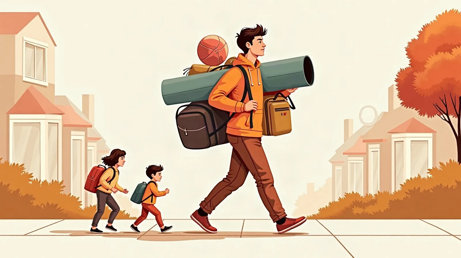 A flat illustration of a parent figure mid-stride overloaded with a lopsided stack of activity gear, a ball, a rolled mat, an instrument case and a small backpack, one item slipping loose, two smaller figures trailing a step behind