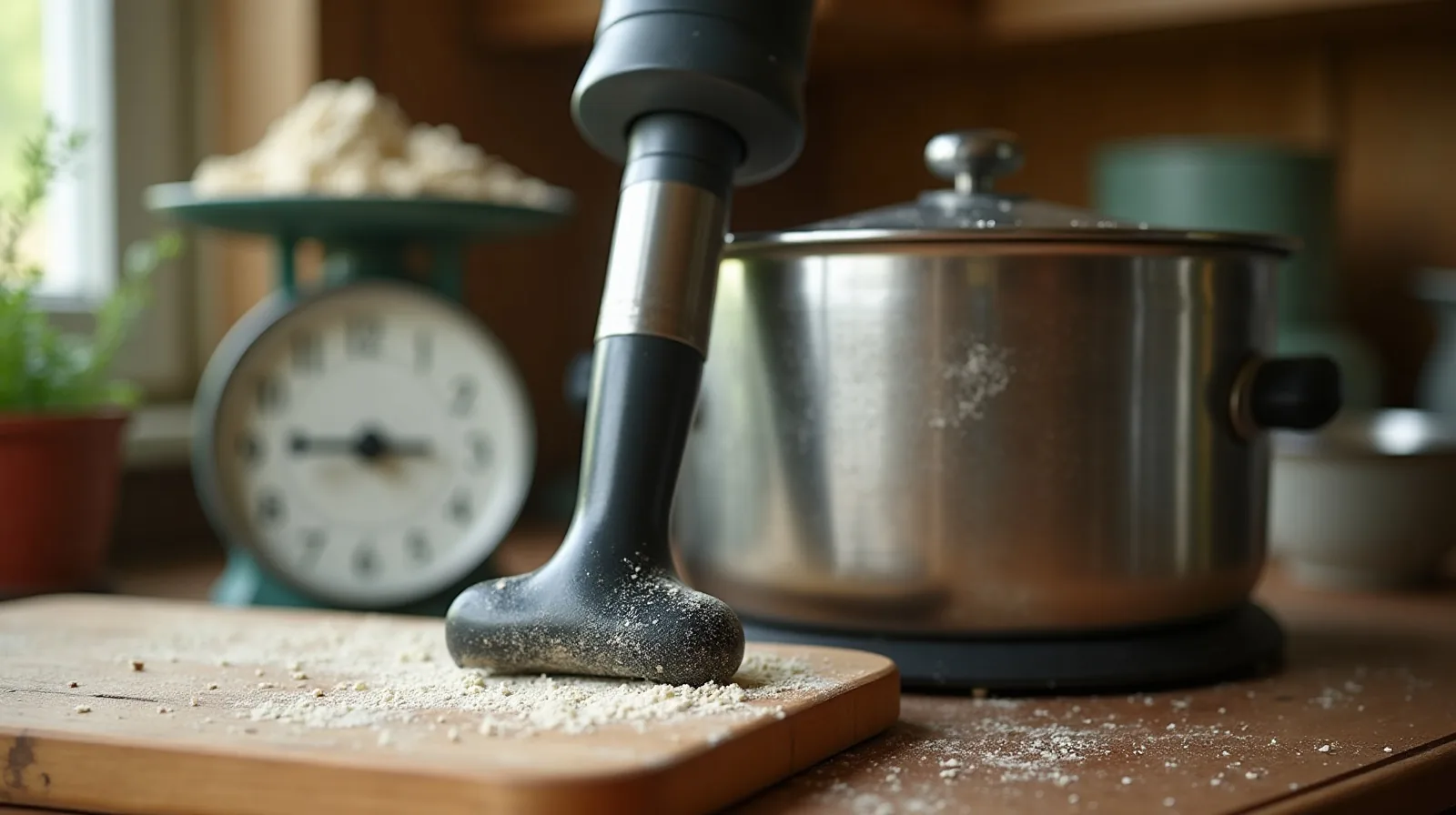 An immersion blender leaning against a soup pot on a worn wooden cutting board beside a flour-dusted kitchen scale