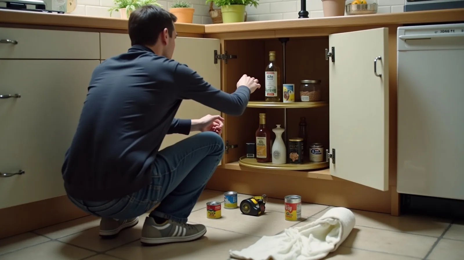 A person crouched at an open corner kitchen cabinet, seen from behind, turning a two-tier turntable loaded with oil and vinegar bottles while displaced cans sit on the floor tile